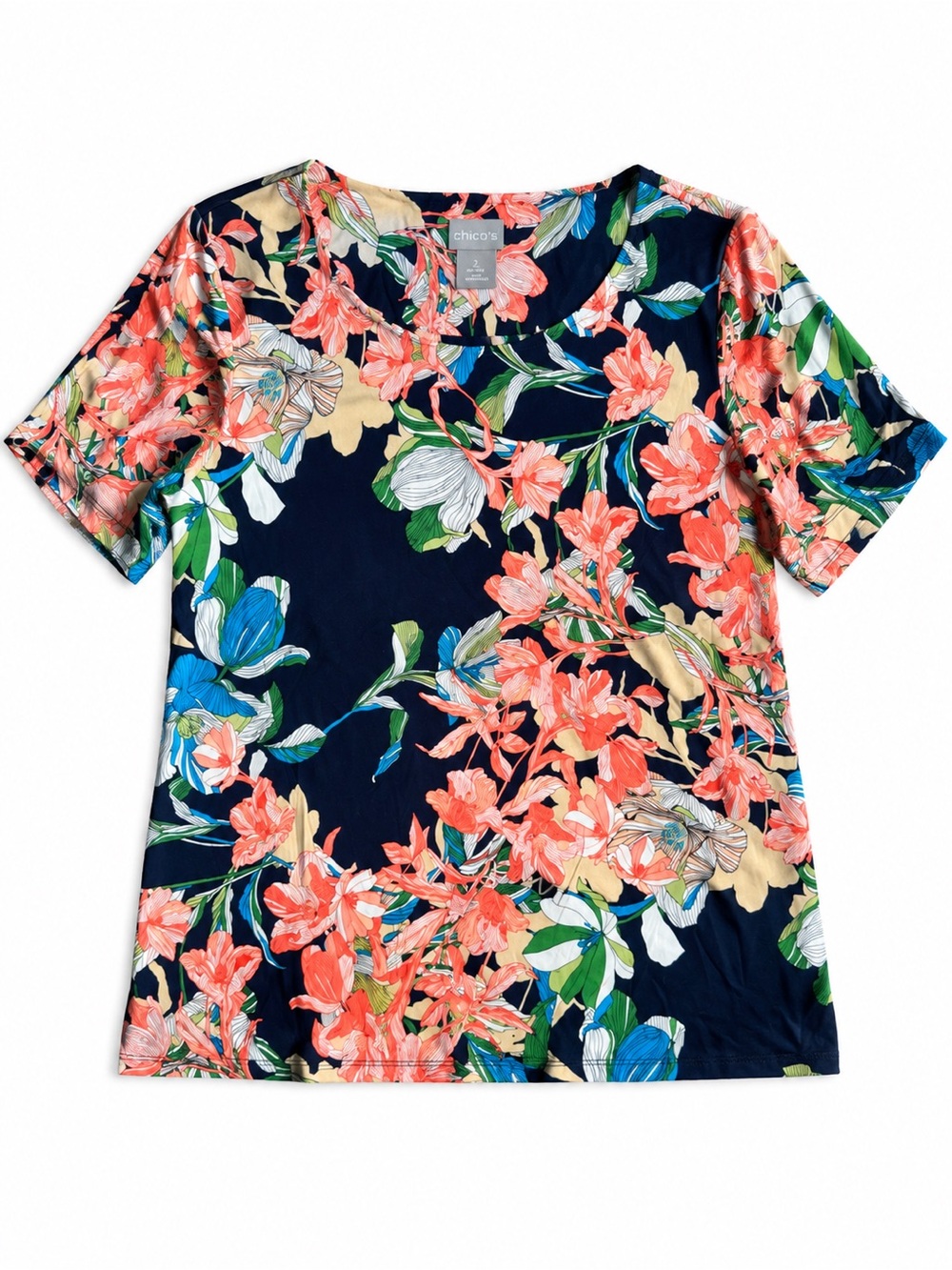Chico’s Short Sleeve Top Tropical T-Shirt Navy Multicolor Floral Size 2 (Large)